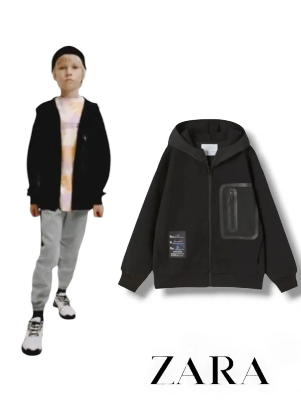 Zara Boys Black Zip Up Hoodie Jacket NWT Sizes 14